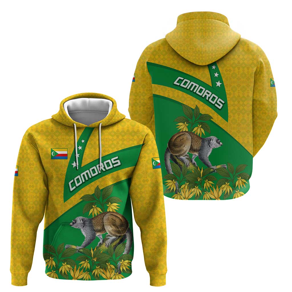 Comoros Zip Hoodie with National Flag Lemur Design and Ylang Ylang Flower Pattern
