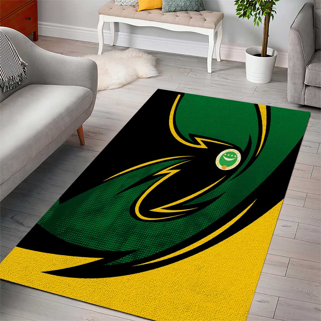 Comoros Area Rug with Green Black Yellow Swirl Design and National Emblem Pattern
