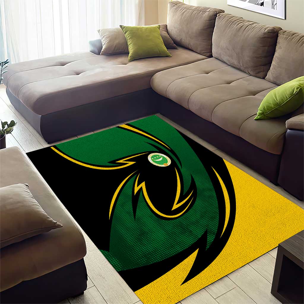 Comoros Area Rug with Green Black Yellow Swirl Design and National Emblem Pattern