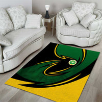 Comoros Area Rug with Green Black Yellow Swirl Design and National Emblem Pattern