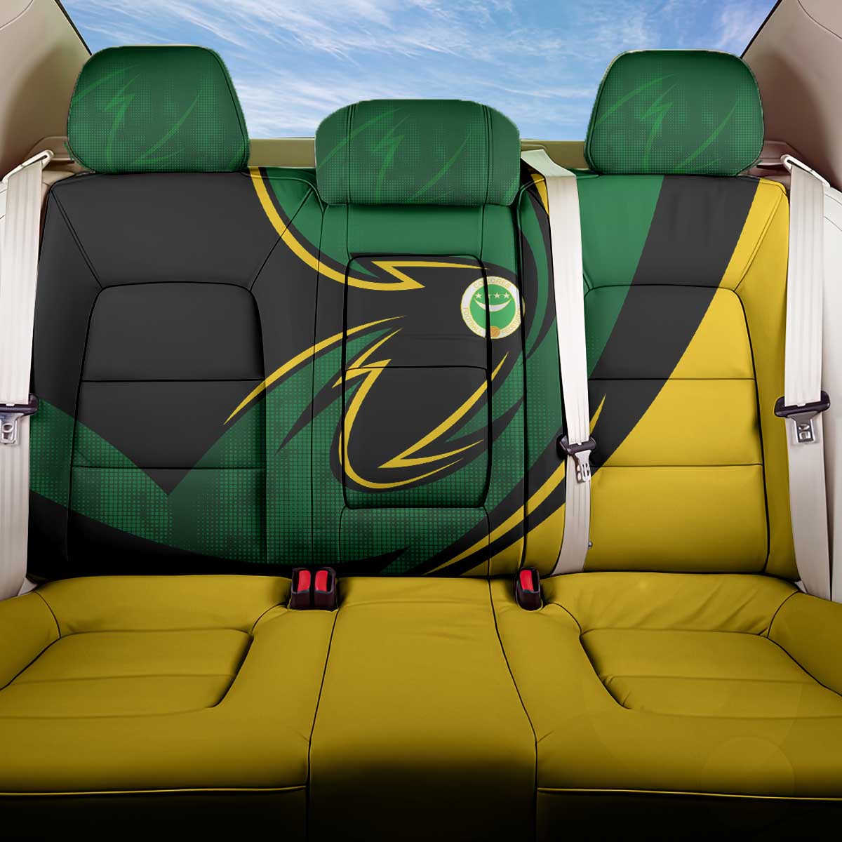 Comoros Back Car Seat Cover with Green Black Yellow Swirl Design and National Emblem Pattern