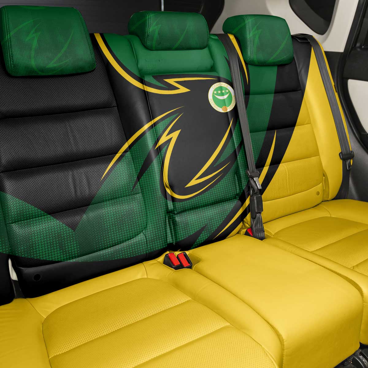 Comoros Back Car Seat Cover with Green Black Yellow Swirl Design and National Emblem Pattern