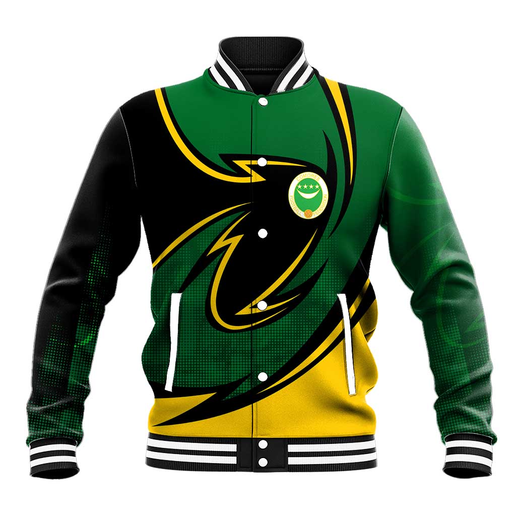 Comoros Baseball Jacket with Green Black Yellow Swirl Design and National Emblem Pattern