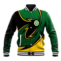 Comoros Baseball Jacket with Green Black Yellow Swirl Design and National Emblem Pattern
