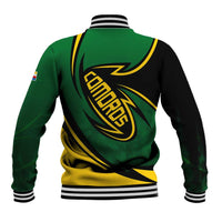 Comoros Baseball Jacket with Green Black Yellow Swirl Design and National Emblem Pattern