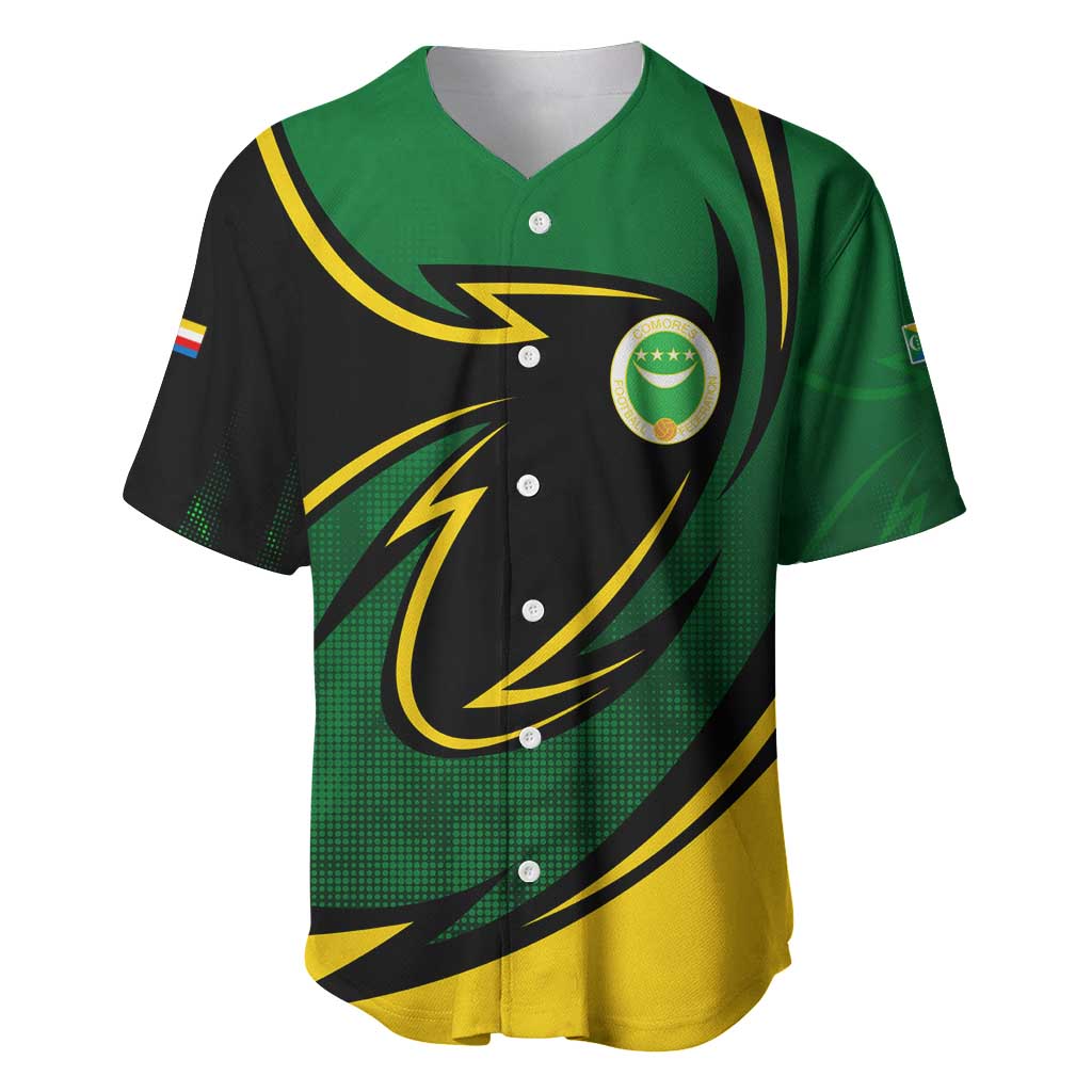 Comoros Baseball Jersey with Green Black Yellow Swirl Design and National Emblem Pattern
