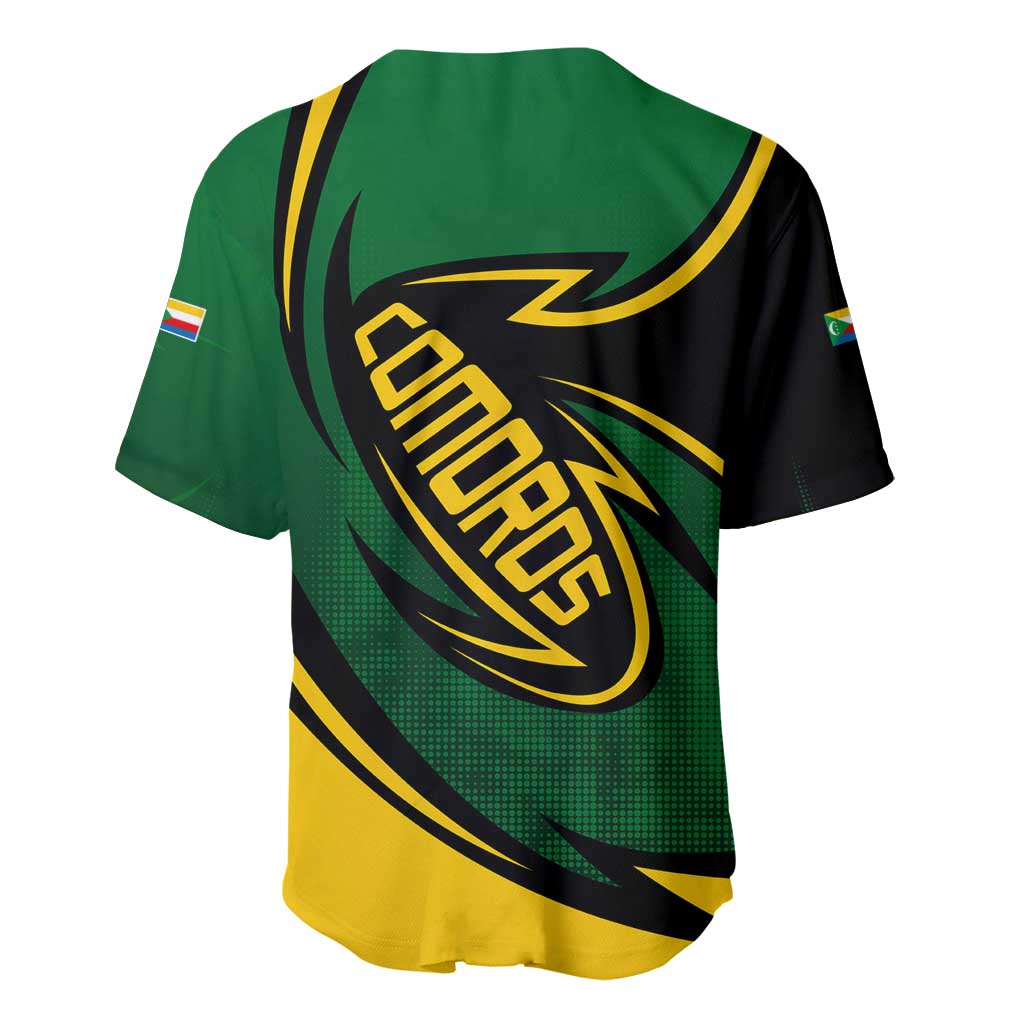 Comoros Baseball Jersey with Green Black Yellow Swirl Design and National Emblem Pattern