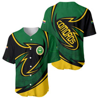 Comoros Baseball Jersey with Green Black Yellow Swirl Design and National Emblem Pattern