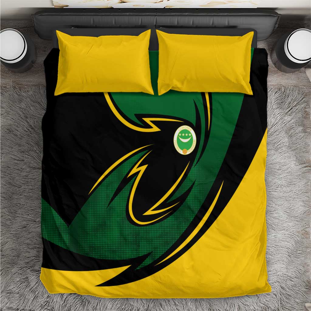 Comoros Bedding Set with Green Black Yellow Swirl Design and National Emblem Pattern