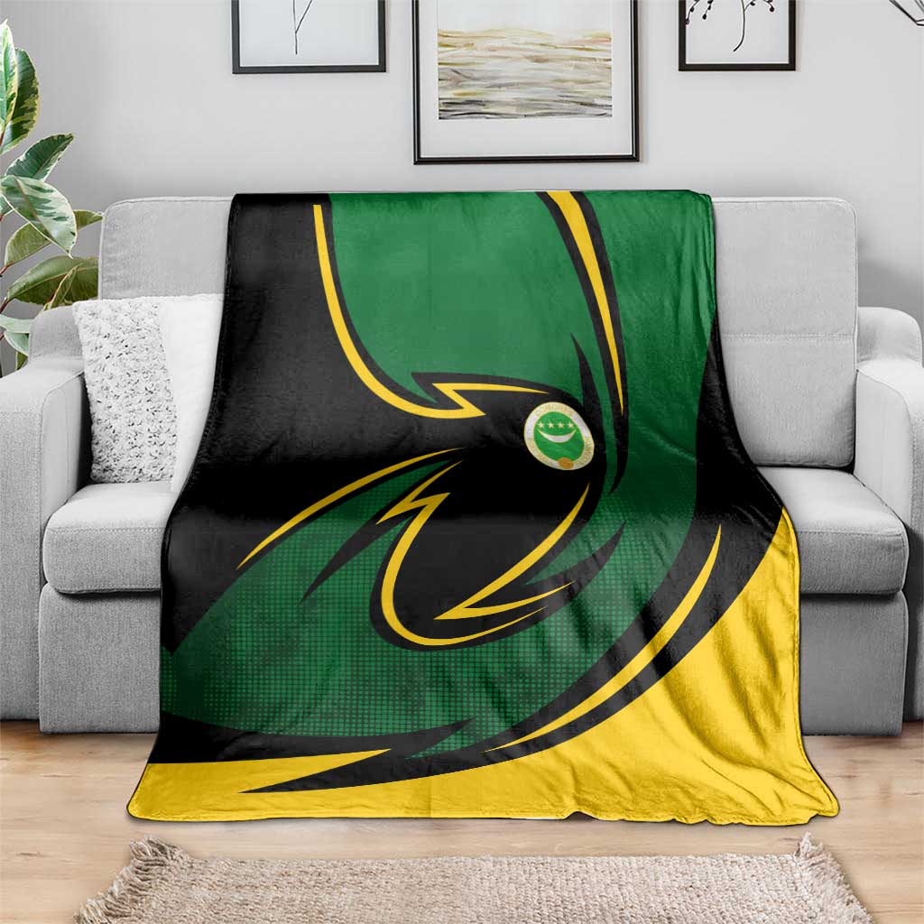 Comoros Blanket with Green Black Yellow Swirl Design and National Emblem Pattern