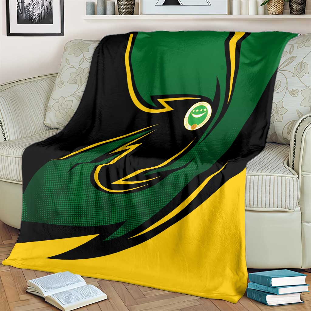 Comoros Blanket with Green Black Yellow Swirl Design and National Emblem Pattern