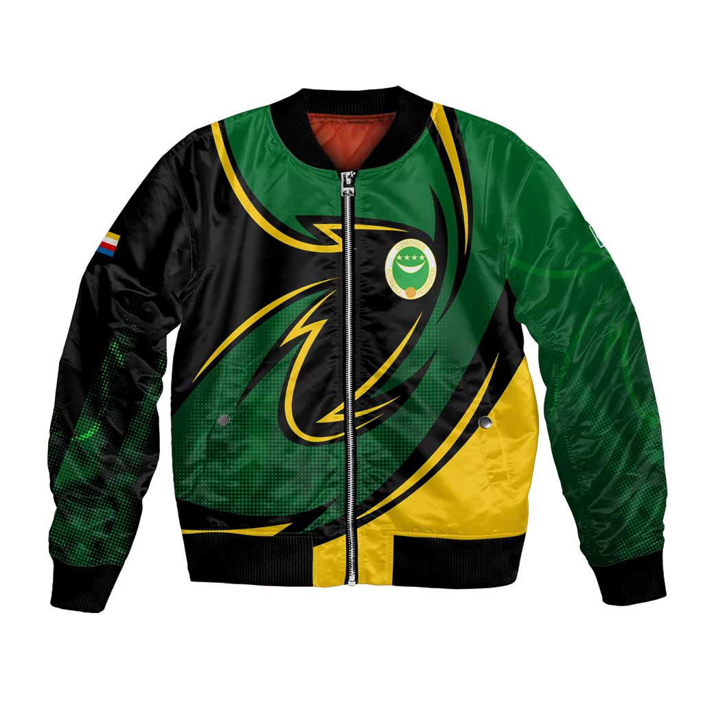 Comoros Bomber Jacket with Green Black Yellow Swirl Design and National Emblem Pattern