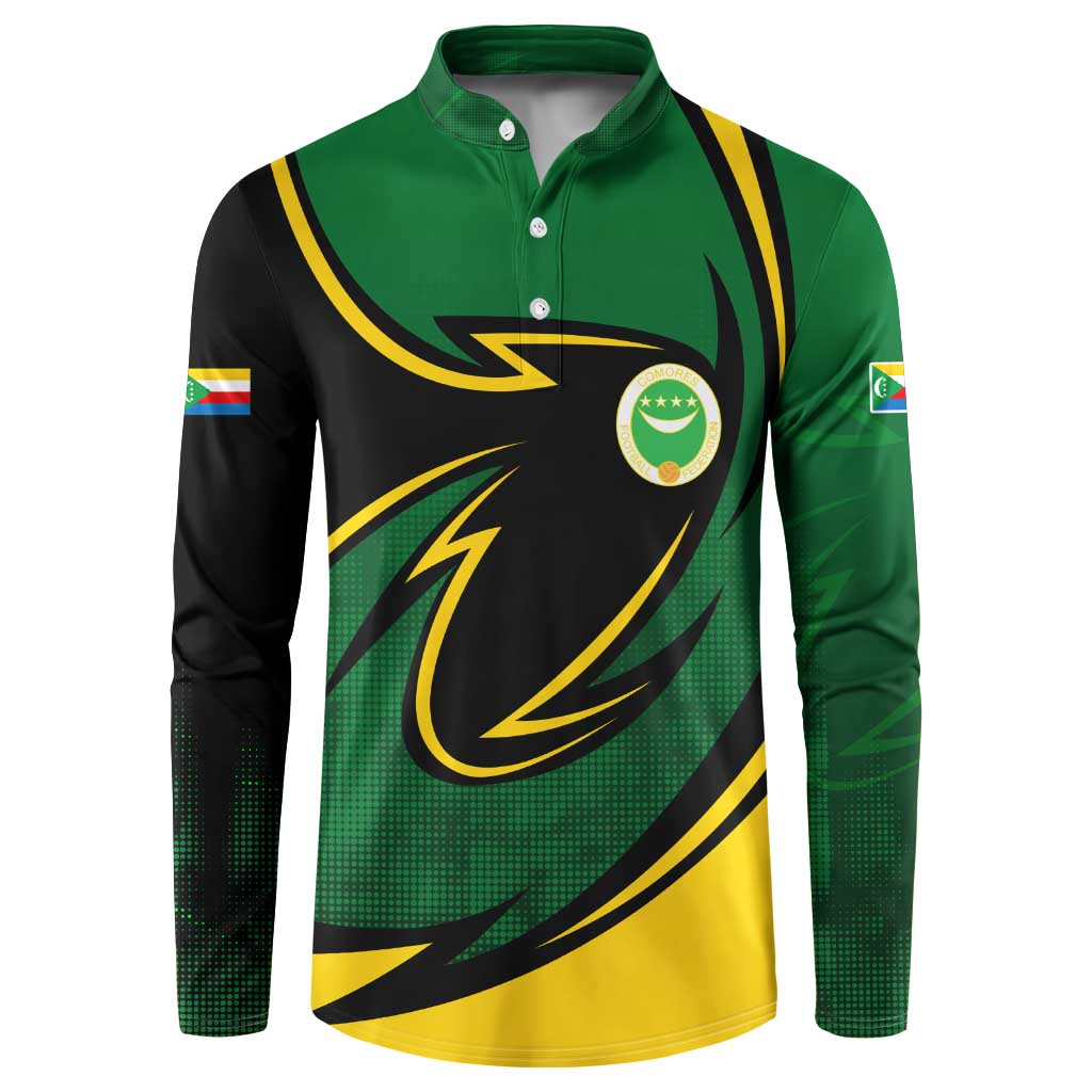 Comoros Button Sweatshirt with Green Black Yellow Swirl Design and National Emblem Pattern