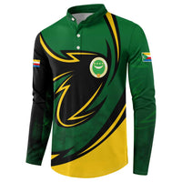Comoros Button Sweatshirt with Green Black Yellow Swirl Design and National Emblem Pattern