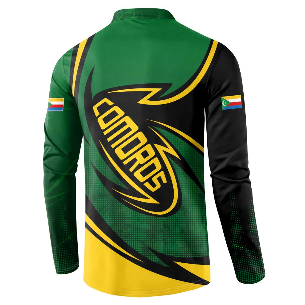 Comoros Button Sweatshirt with Green Black Yellow Swirl Design and National Emblem Pattern