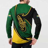 Comoros Button Sweatshirt with Green Black Yellow Swirl Design and National Emblem Pattern