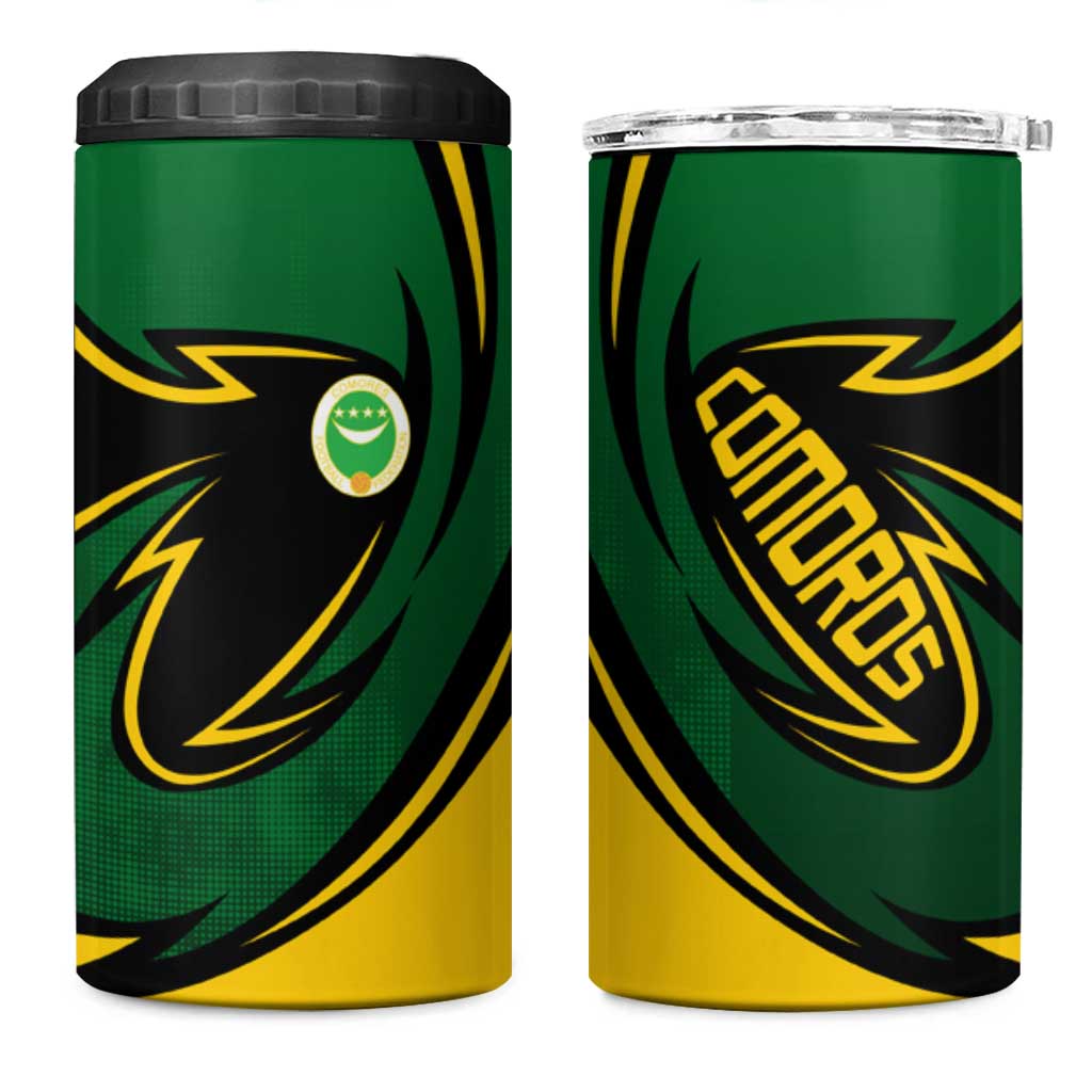Comoros 4 in 1 Can Cooler Tumbler with Green Black Yellow Swirl Design and National Emblem Pattern