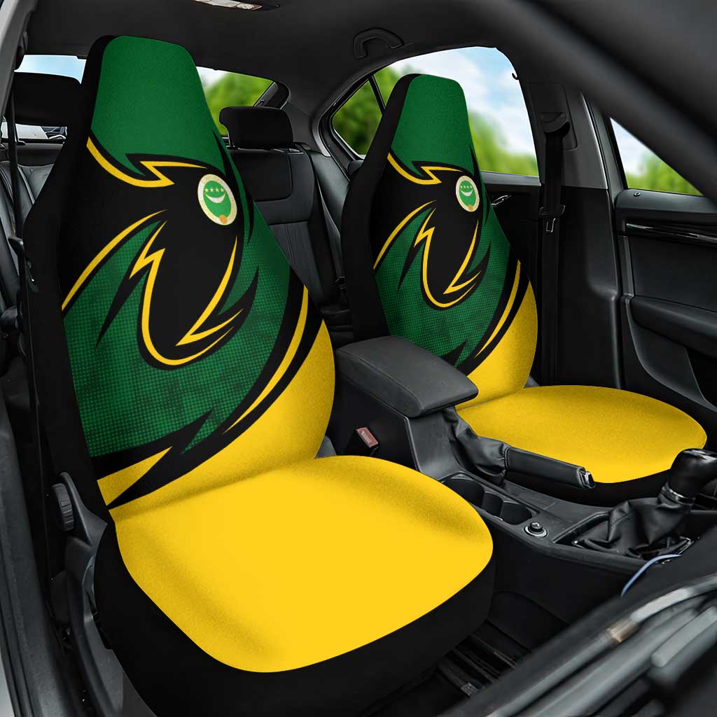 Comoros Car Seat Cover with Green Black Yellow Swirl Design and National Emblem Pattern
