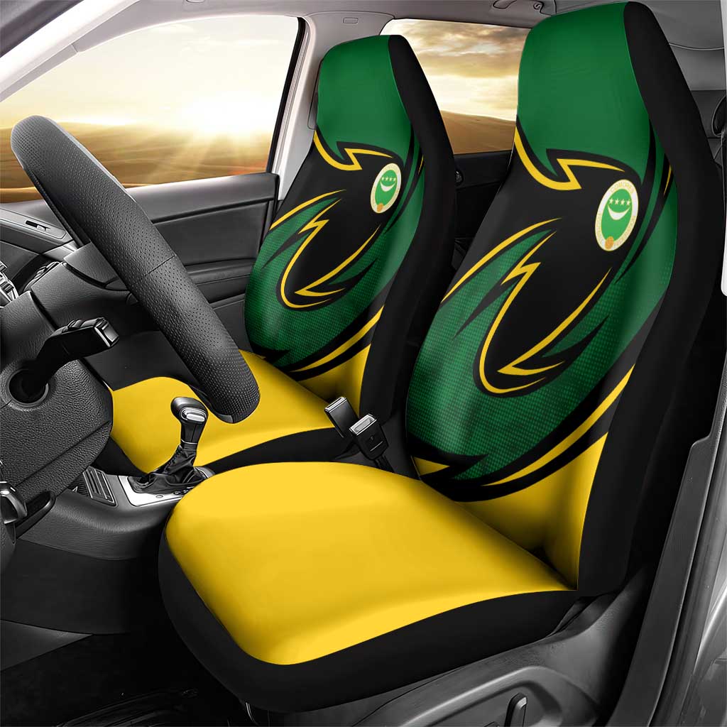 Comoros Car Seat Cover with Green Black Yellow Swirl Design and National Emblem Pattern