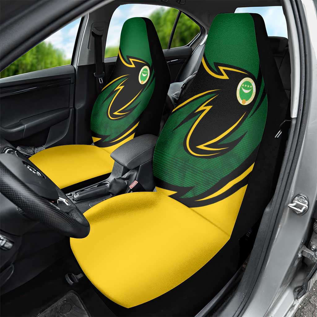 Comoros Car Seat Cover with Green Black Yellow Swirl Design and National Emblem Pattern