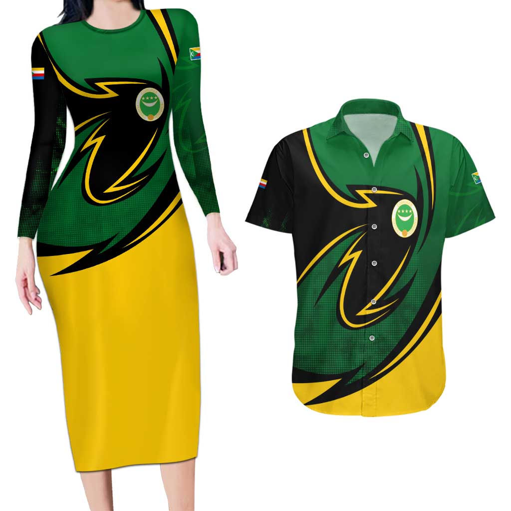 Comoros Couples Matching Long Sleeve Bodycon Dress and Hawaiian Shirt with Green Black Yellow Swirl Design and National Emblem Pattern
