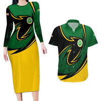 Comoros Couples Matching Long Sleeve Bodycon Dress and Hawaiian Shirt with Green Black Yellow Swirl Design and National Emblem Pattern