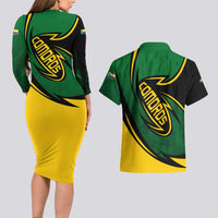 Comoros Couples Matching Long Sleeve Bodycon Dress and Hawaiian Shirt with Green Black Yellow Swirl Design and National Emblem Pattern