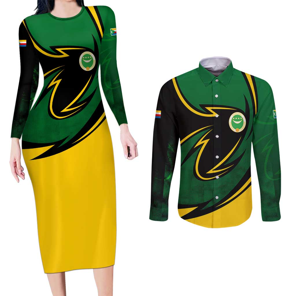Comoros Couples Matching Long Sleeve Bodycon Dress and Long Sleeve Button Shirt with Green Black Yellow Swirl Design and National Emblem Pattern