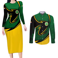 Comoros Couples Matching Long Sleeve Bodycon Dress and Long Sleeve Button Shirt with Green Black Yellow Swirl Design and National Emblem Pattern