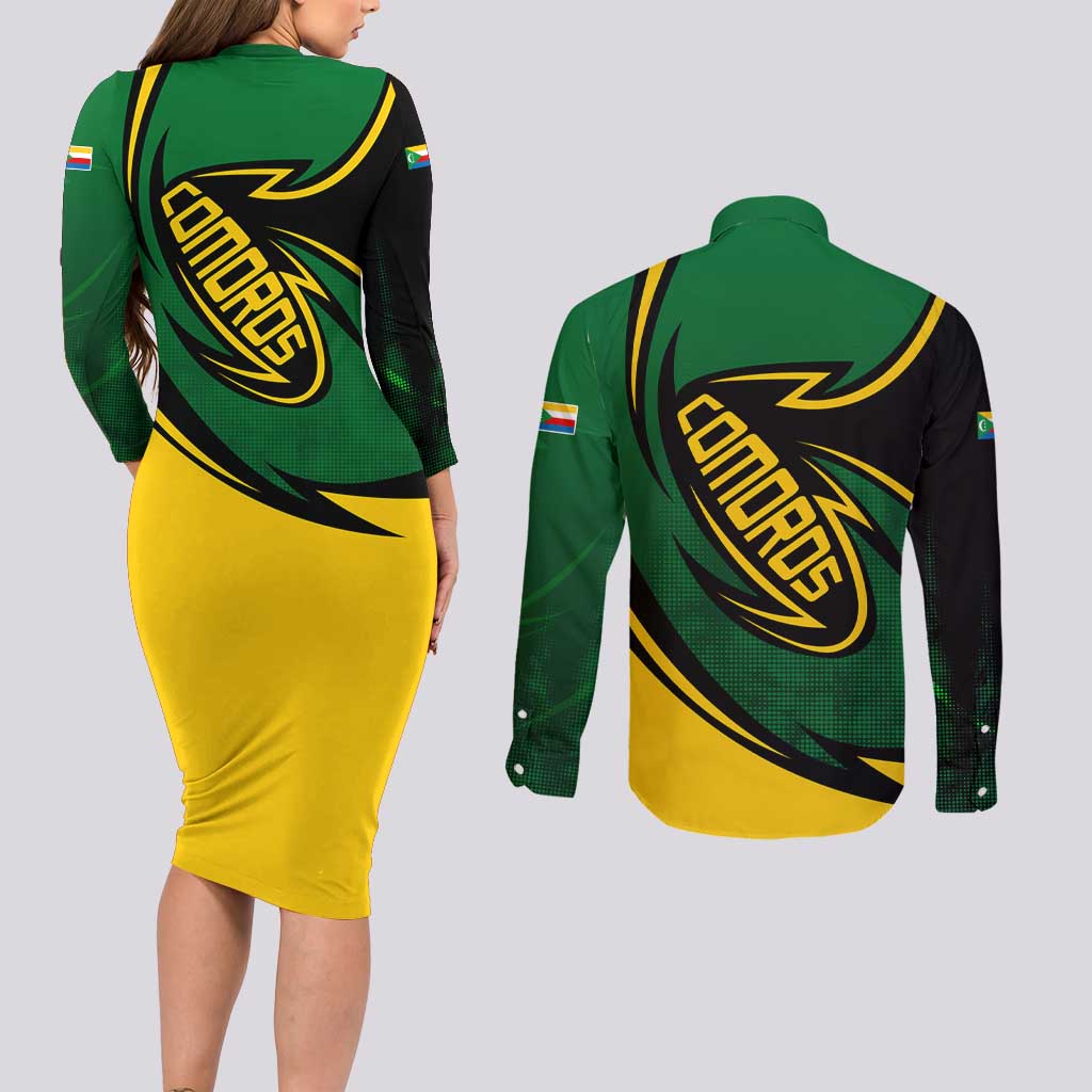 Comoros Couples Matching Long Sleeve Bodycon Dress and Long Sleeve Button Shirt with Green Black Yellow Swirl Design and National Emblem Pattern