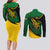 Comoros Couples Matching Long Sleeve Bodycon Dress and Long Sleeve Button Shirt with Green Black Yellow Swirl Design and National Emblem Pattern