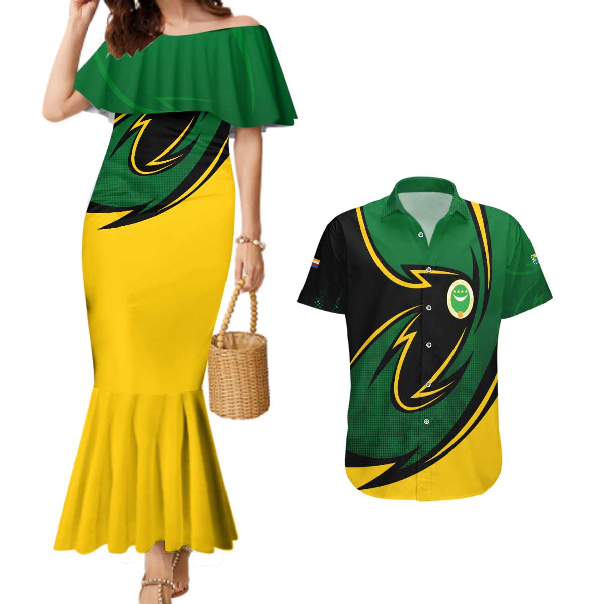 Comoros Couples Matching Mermaid Dress and Hawaiian Shirt with Green Black Yellow Swirl Design and National Emblem Pattern