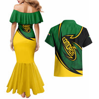 Comoros Couples Matching Mermaid Dress and Hawaiian Shirt with Green Black Yellow Swirl Design and National Emblem Pattern