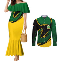 Comoros Couples Matching Mermaid Dress and Long Sleeve Button Shirt with Green Black Yellow Swirl Design and National Emblem Pattern