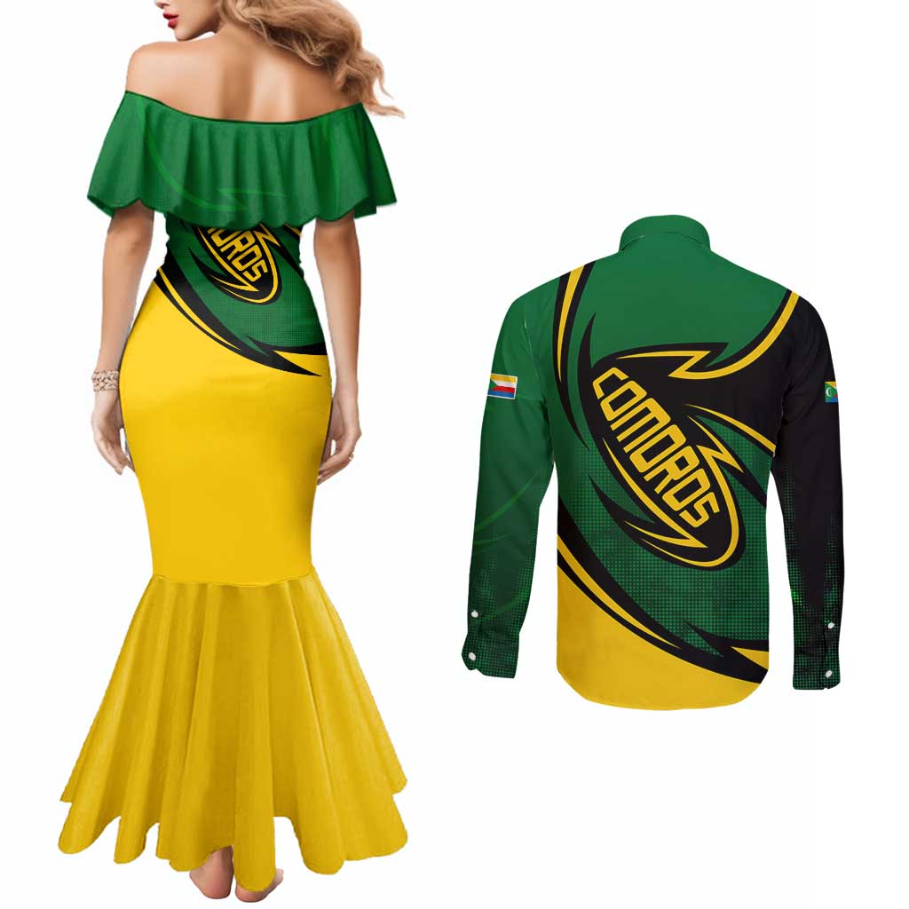 Comoros Couples Matching Mermaid Dress and Long Sleeve Button Shirt with Green Black Yellow Swirl Design and National Emblem Pattern
