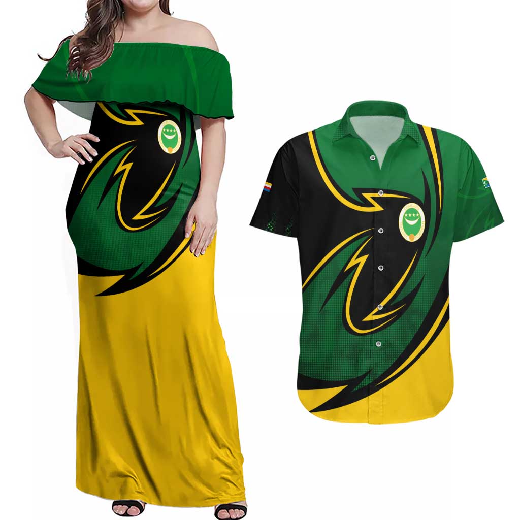 Comoros Couples Matching Off Shoulder Maxi Dress and Hawaiian Shirt with Green Black Yellow Swirl Design and National Emblem Pattern