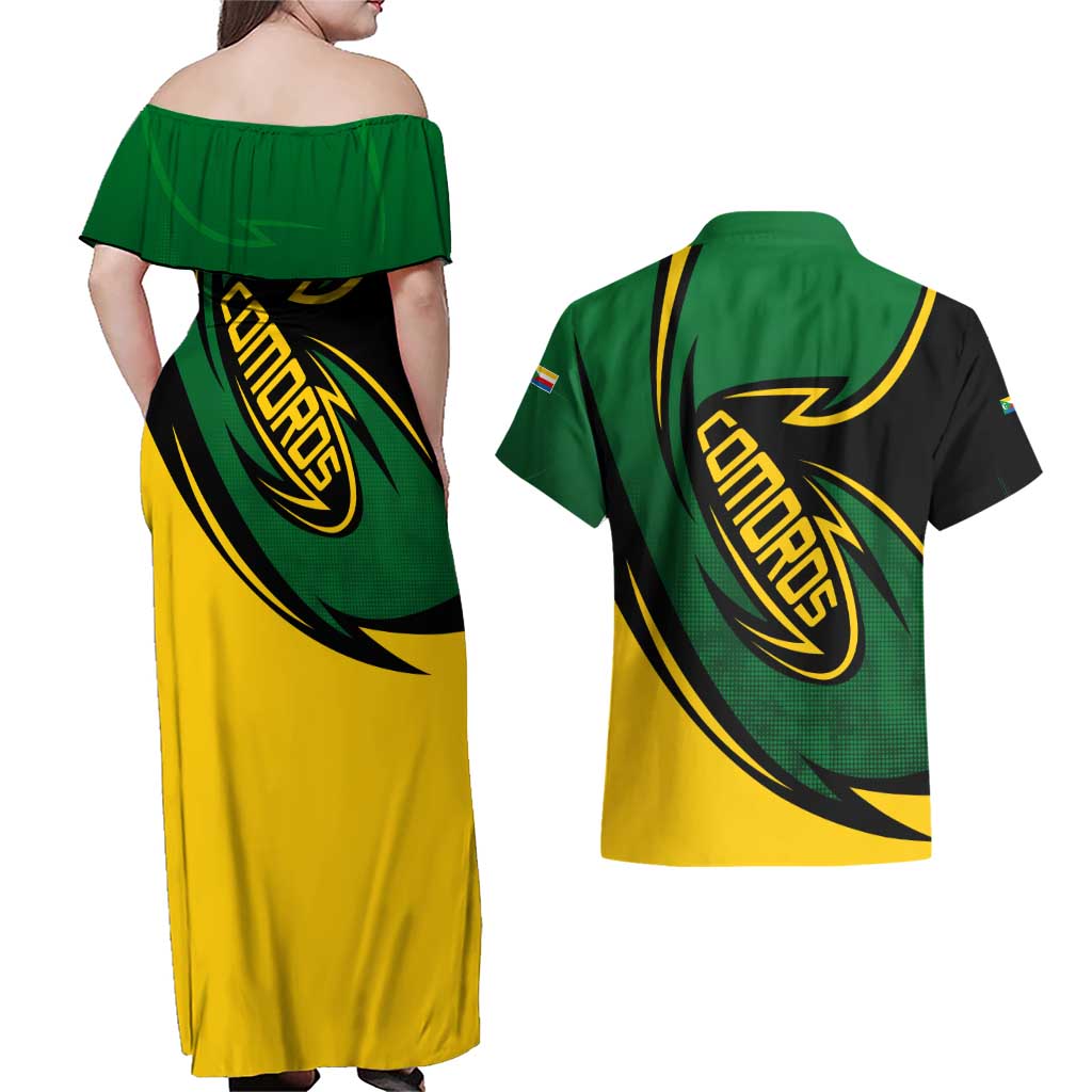 Comoros Couples Matching Off Shoulder Maxi Dress and Hawaiian Shirt with Green Black Yellow Swirl Design and National Emblem Pattern