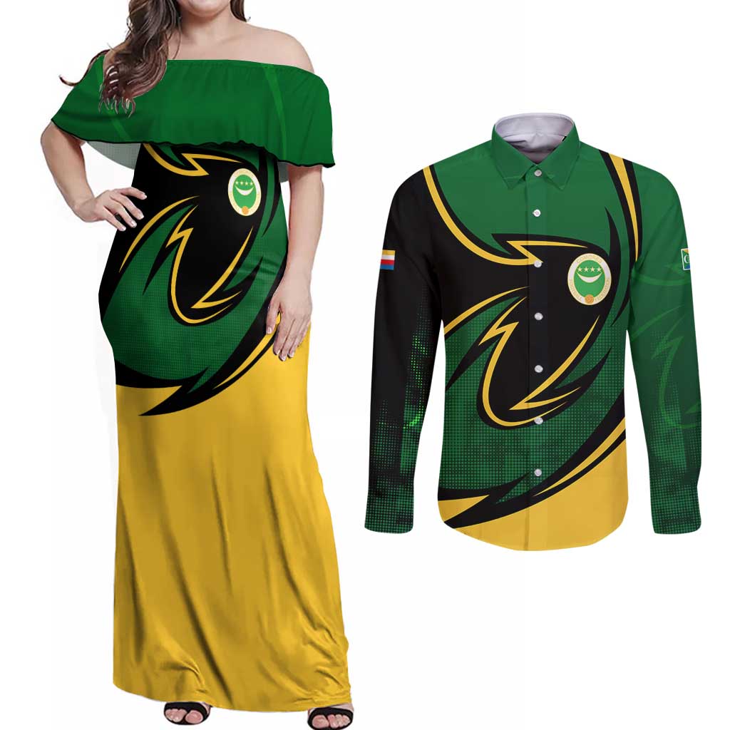Comoros Couples Matching Off Shoulder Maxi Dress and Long Sleeve Button Shirt with Green Black Yellow Swirl Design and National Emblem Pattern