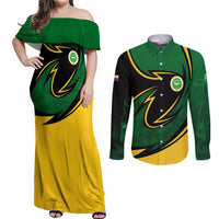 Comoros Couples Matching Off Shoulder Maxi Dress and Long Sleeve Button Shirt with Green Black Yellow Swirl Design and National Emblem Pattern