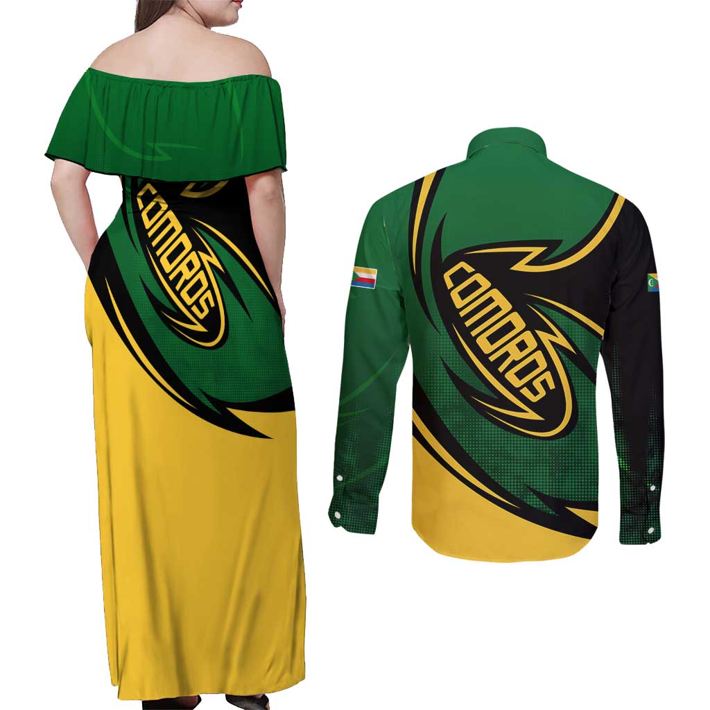 Comoros Couples Matching Off Shoulder Maxi Dress and Long Sleeve Button Shirt with Green Black Yellow Swirl Design and National Emblem Pattern