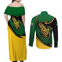 Comoros Couples Matching Off Shoulder Maxi Dress and Long Sleeve Button Shirt with Green Black Yellow Swirl Design and National Emblem Pattern