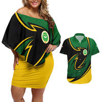 Comoros Couples Matching Off Shoulder Short Dress and Hawaiian Shirt with Green Black Yellow Swirl Design and National Emblem Pattern
