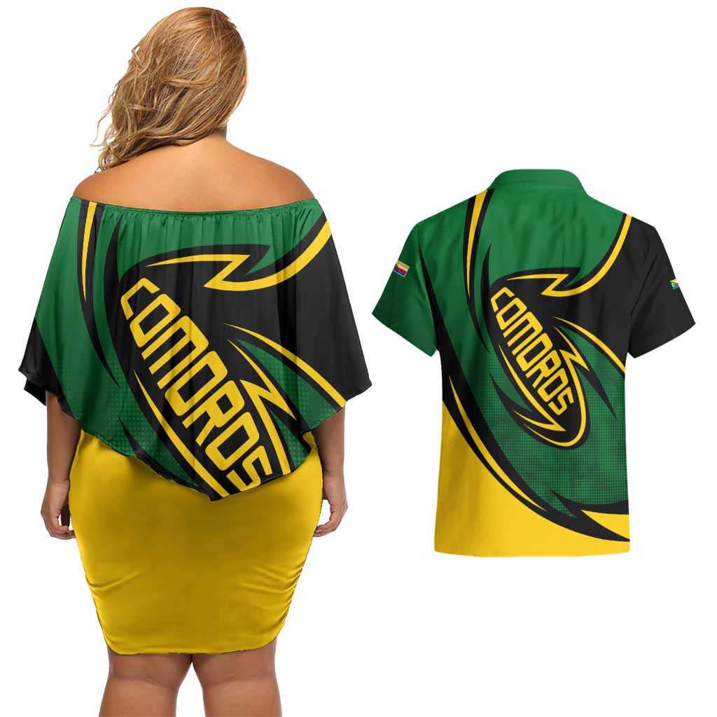 Comoros Couples Matching Off Shoulder Short Dress and Hawaiian Shirt with Green Black Yellow Swirl Design and National Emblem Pattern