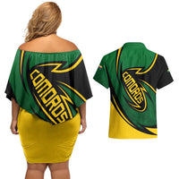 Comoros Couples Matching Off Shoulder Short Dress and Hawaiian Shirt with Green Black Yellow Swirl Design and National Emblem Pattern