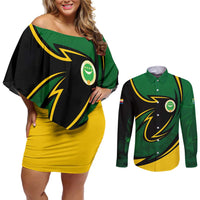 Comoros Couples Matching Off Shoulder Short Dress and Long Sleeve Button Shirt with Green Black Yellow Swirl Design and National Emblem Pattern