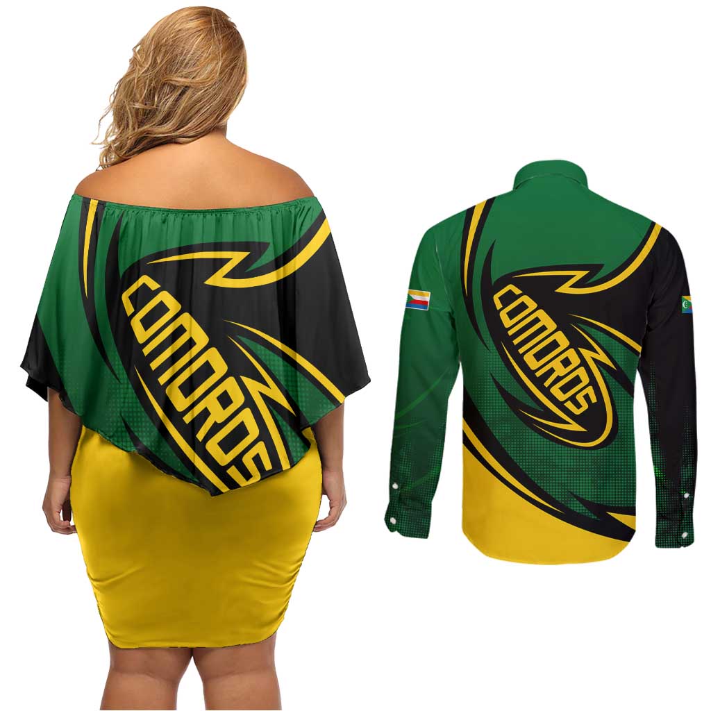 Comoros Couples Matching Off Shoulder Short Dress and Long Sleeve Button Shirt with Green Black Yellow Swirl Design and National Emblem Pattern