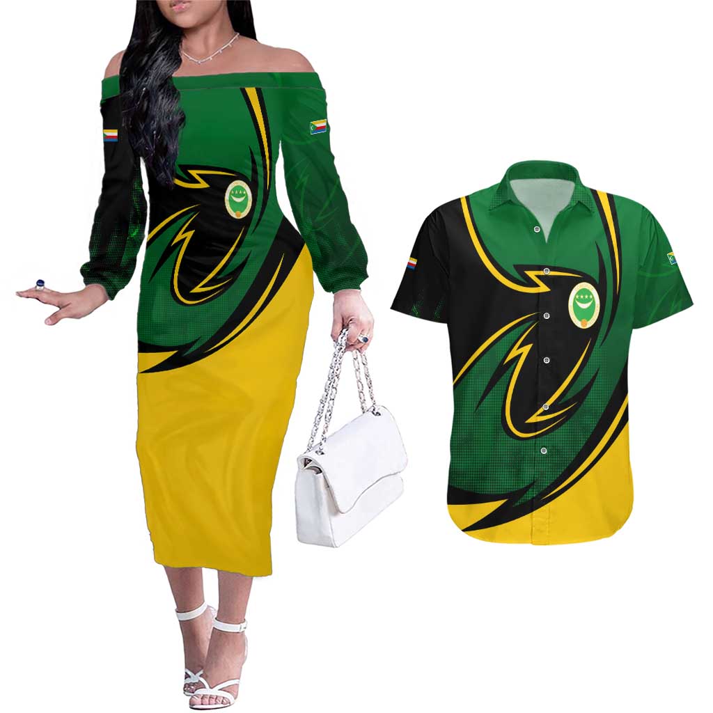 Comoros Couples Matching Off The Shoulder Long Sleeve Dress and Hawaiian Shirt with Green Black Yellow Swirl Design and National Emblem Pattern