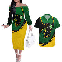 Comoros Couples Matching Off The Shoulder Long Sleeve Dress and Hawaiian Shirt with Green Black Yellow Swirl Design and National Emblem Pattern