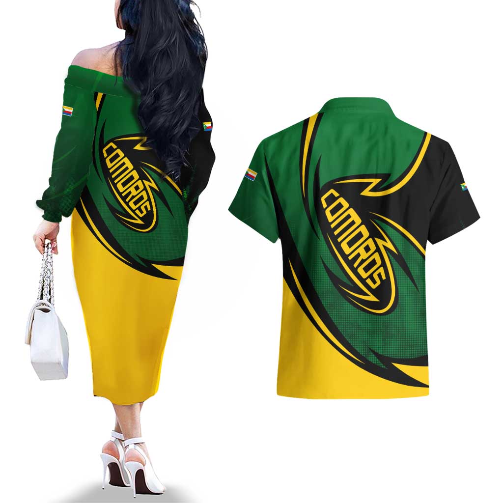 Comoros Couples Matching Off The Shoulder Long Sleeve Dress and Hawaiian Shirt with Green Black Yellow Swirl Design and National Emblem Pattern