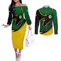 Comoros Couples Matching Off The Shoulder Long Sleeve Dress and Long Sleeve Button Shirt with Green Black Yellow Swirl Design and National Emblem Pattern